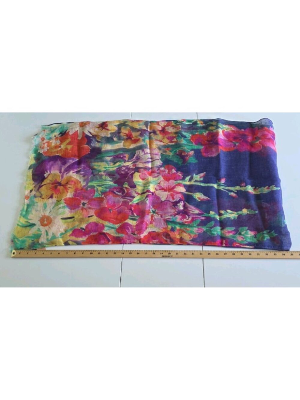 Powder UK 100% Linen Floral Scarf Wrap Purple Pink Watercolor Botanical Fringe - Picture 4 of 14